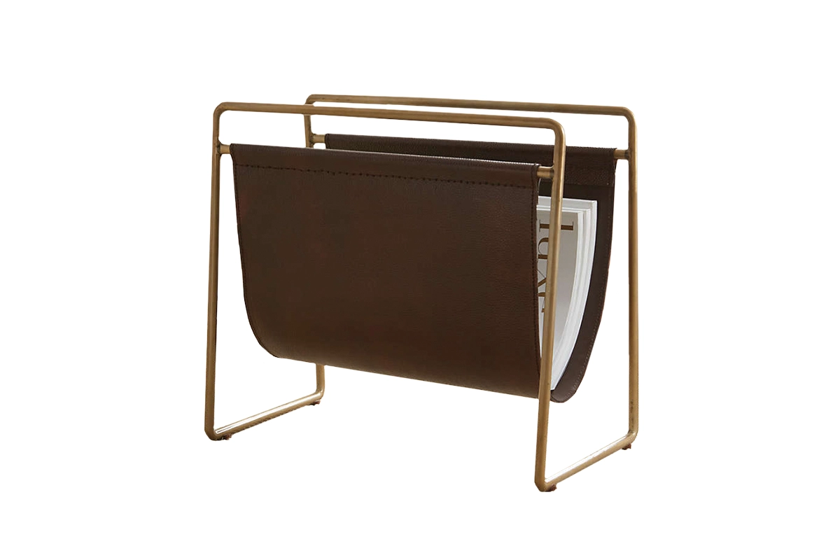 Galen brass leather magazine rack