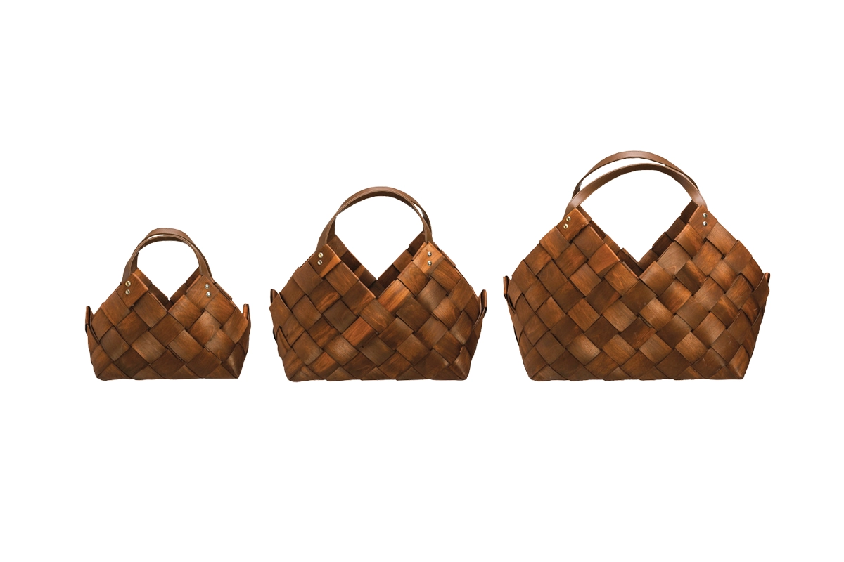 Woven wood baskets with handles