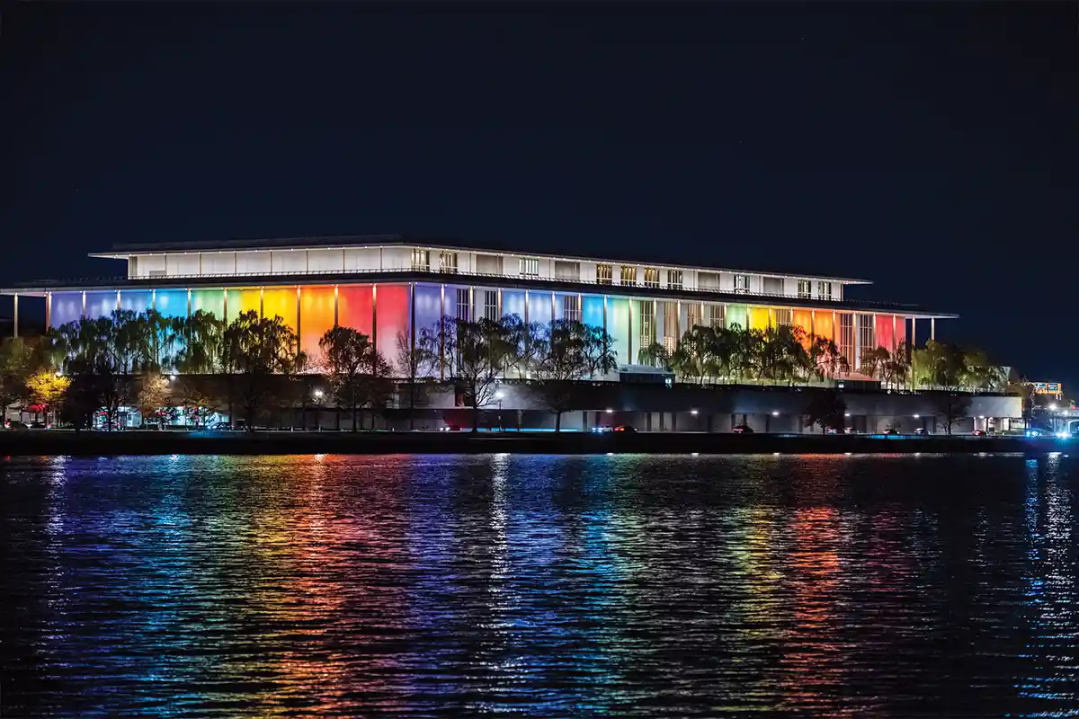 kennedy center with rainbow lights