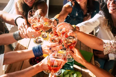 group of women cheering and toasting with wine