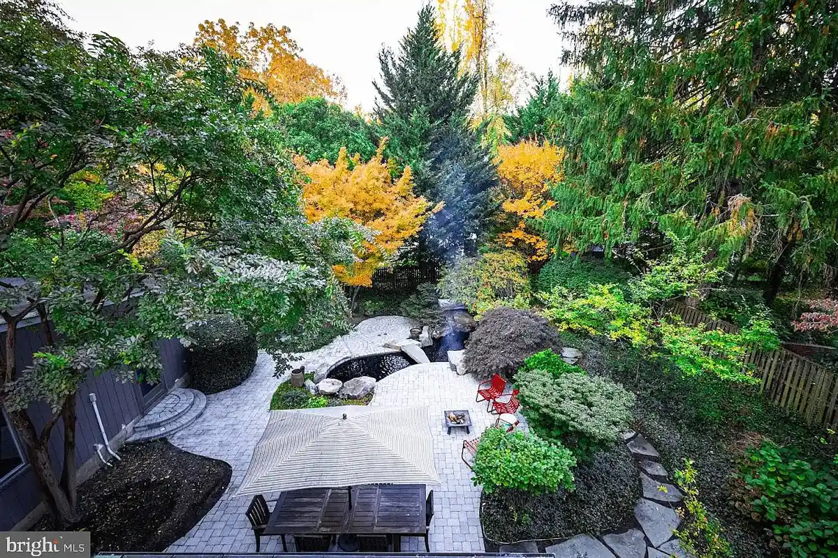 backyard with pond and hardscaped sitting area