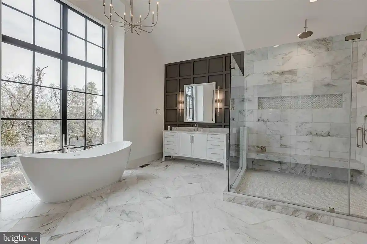 spa bathroom with soaking tub and walk-in shower