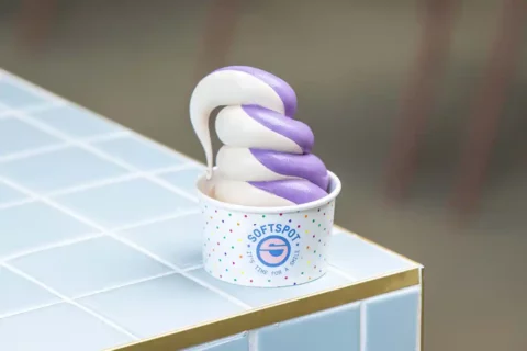 white and purple swirled soft serve ice cream at softspot