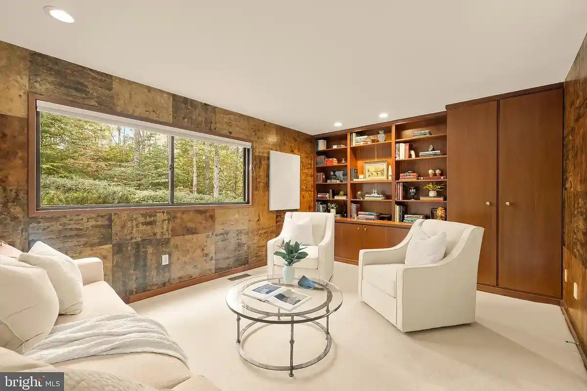 library with cherry wood built-ins
