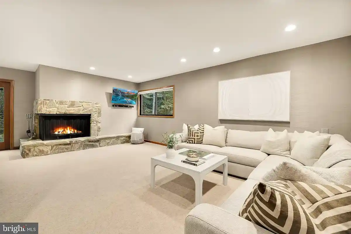 recreational room with fireplace