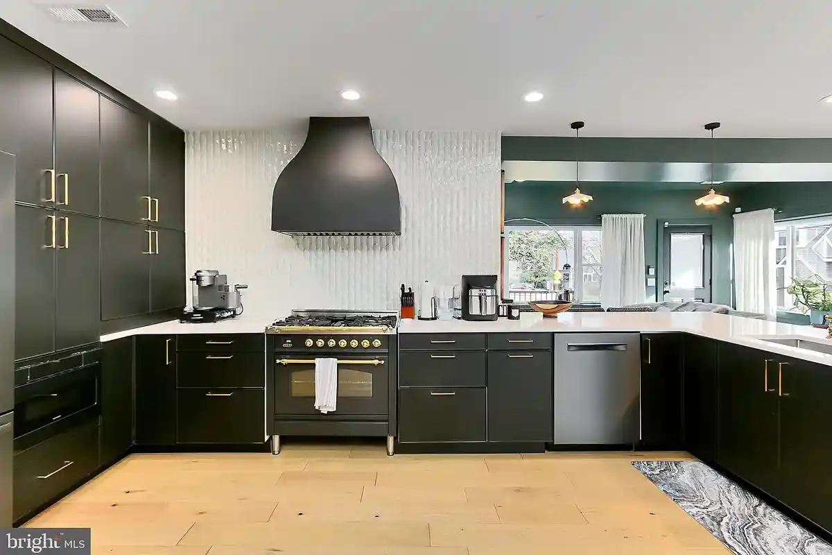 kitchen with dark green kitchen cabinets
