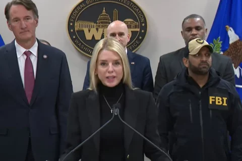 Attorney General Pam Bondi, FBI Director Kash Patel, and Interim U.S. Attorney for the Eastern District of Virginia Erik Siebert announced the arrest of an MS-13 gang leader. They were joined by Governor for the Commonwealth of Virginia Glenn Youngkin. They spoke at a press conference on March 27 in Manassas