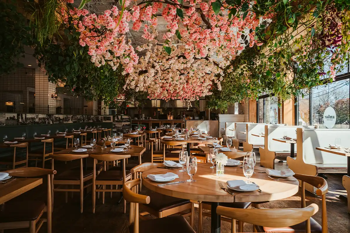 ambar clarendon cherry blossom flowers hanging from ceiling