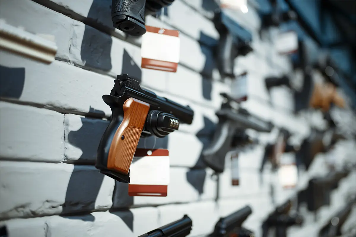 handguns hang on a store rack