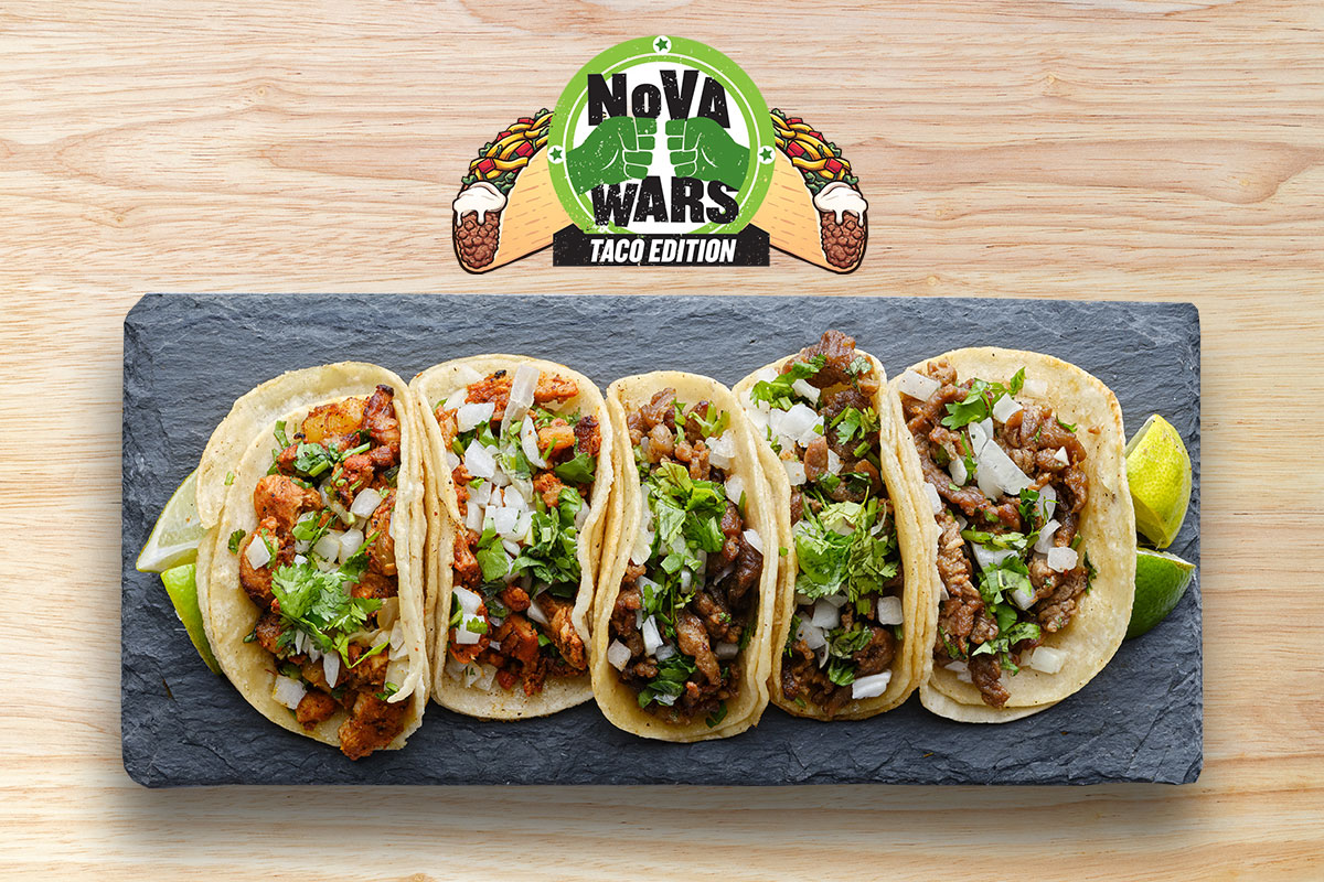 taco wars logo with plate of tacos