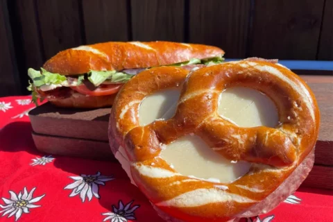 Pretzel sandwich on a red tablecloth