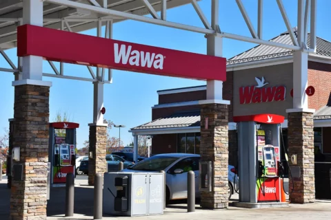 exterior view of a car at a gas pump outside a Wawa