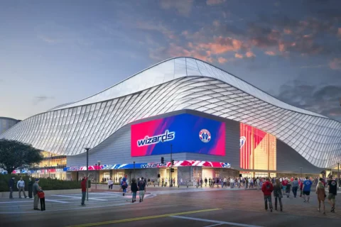 rendering of exterior of capital one arena with wizards graphic on screen