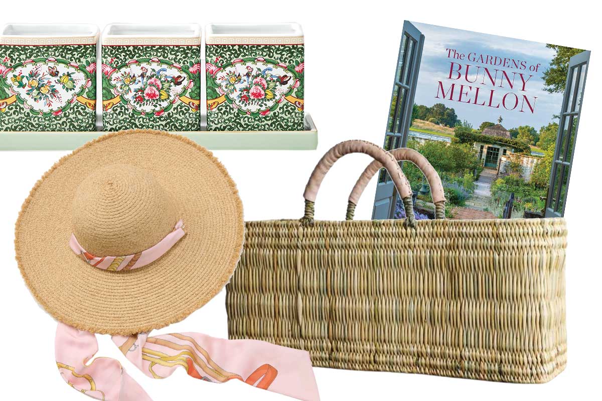 garden accessories including hat, potters, book, basket