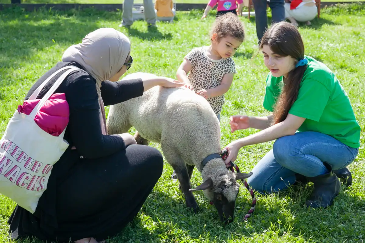 a mom and her two daughters pet a lamb