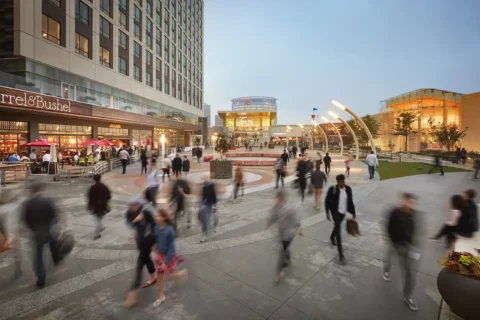 people walking around plaza outside of Tysons Corner Center