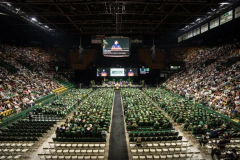 A graduation ceremony inside George Mason University's EagleBank Arena