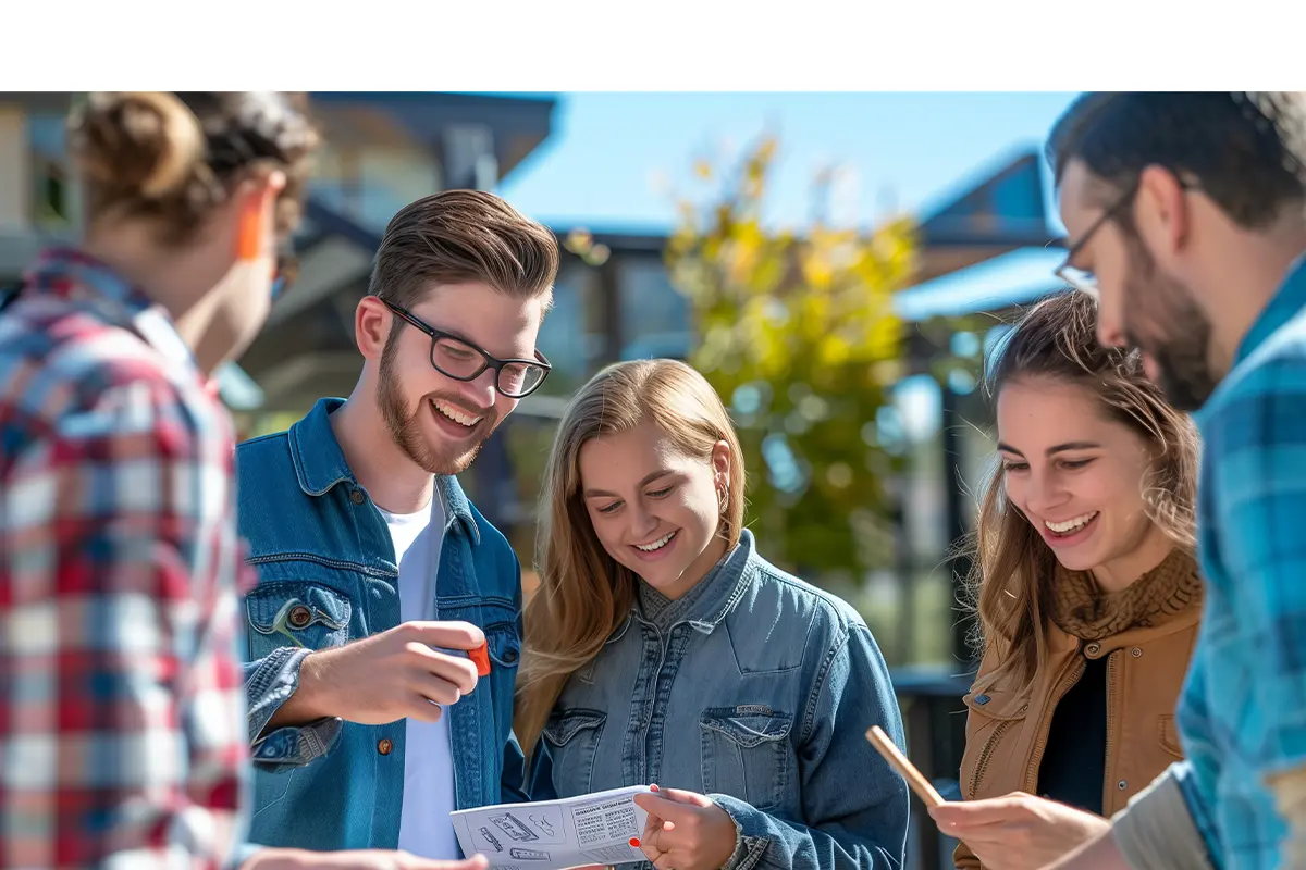 five people stand in a semicircle looking at a piece of paper for a scavenger hunt