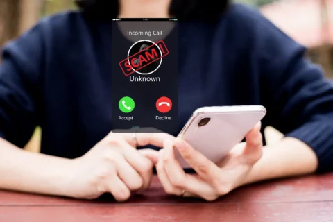 a person holds a cell phone with scam on the screen