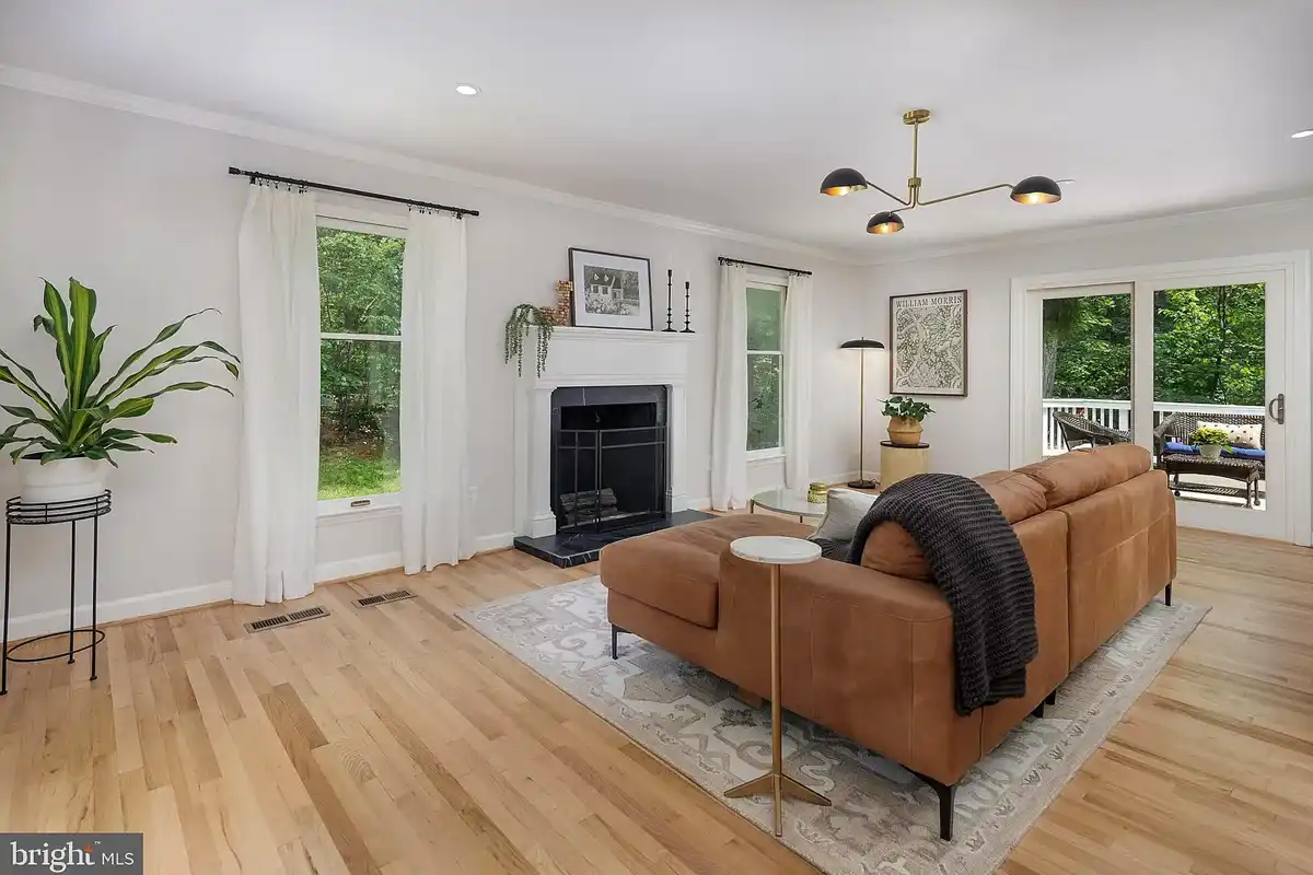 living room with black marble porcelain fireplace