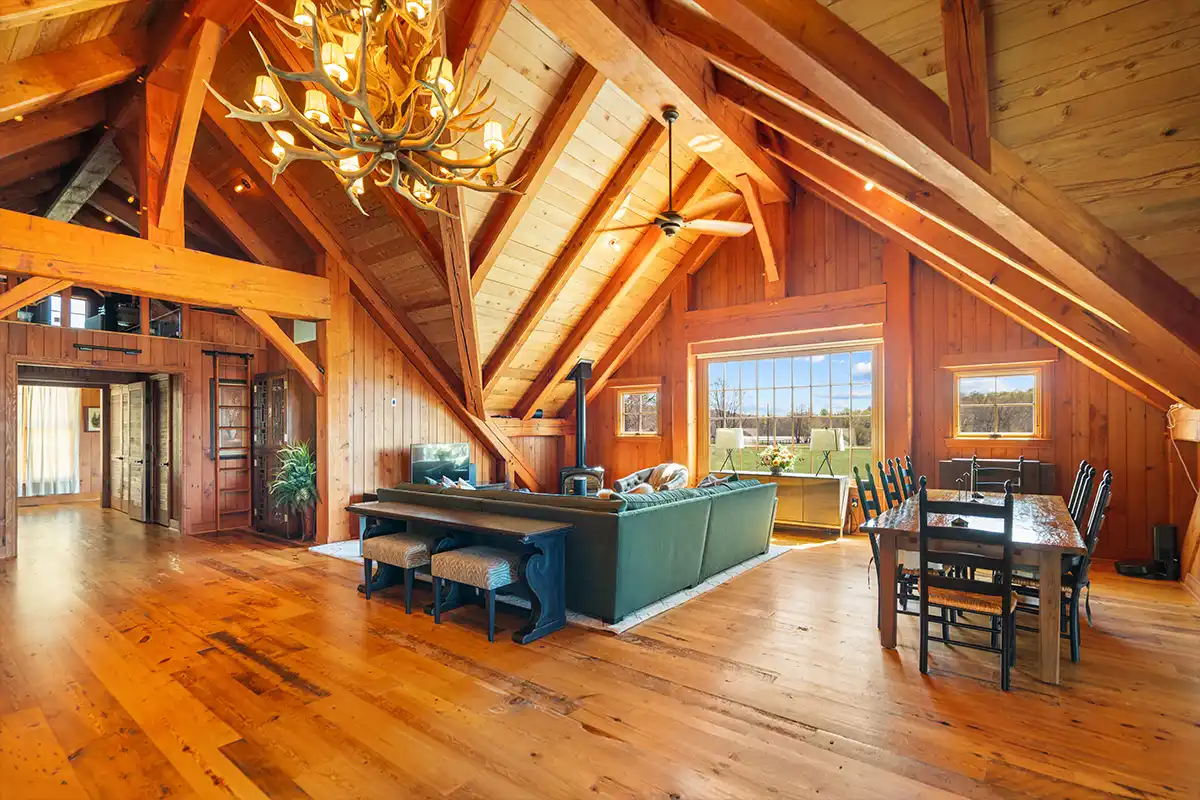 living and dining room in barn at hedgeland manor
