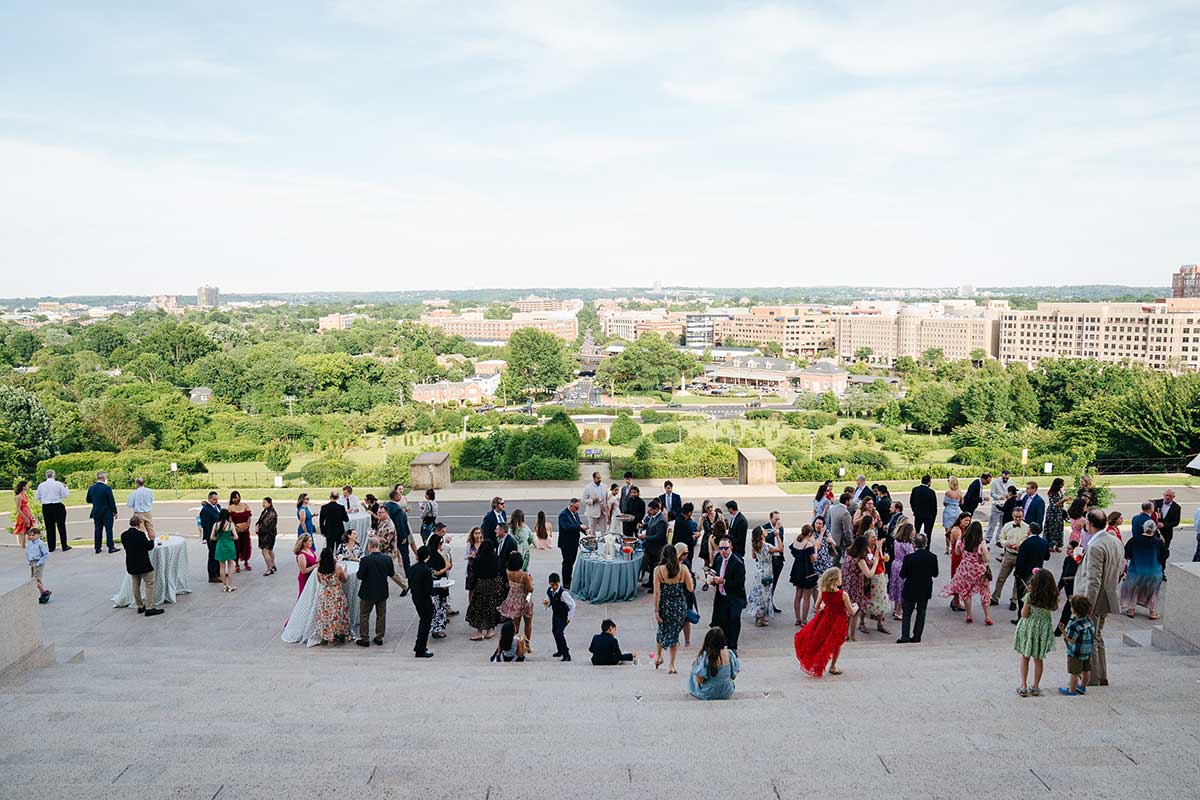 wedding guests outside the memorial in Alexandria