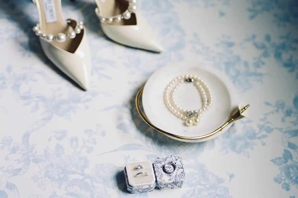 bridal heels, jewlery, and wedding ring