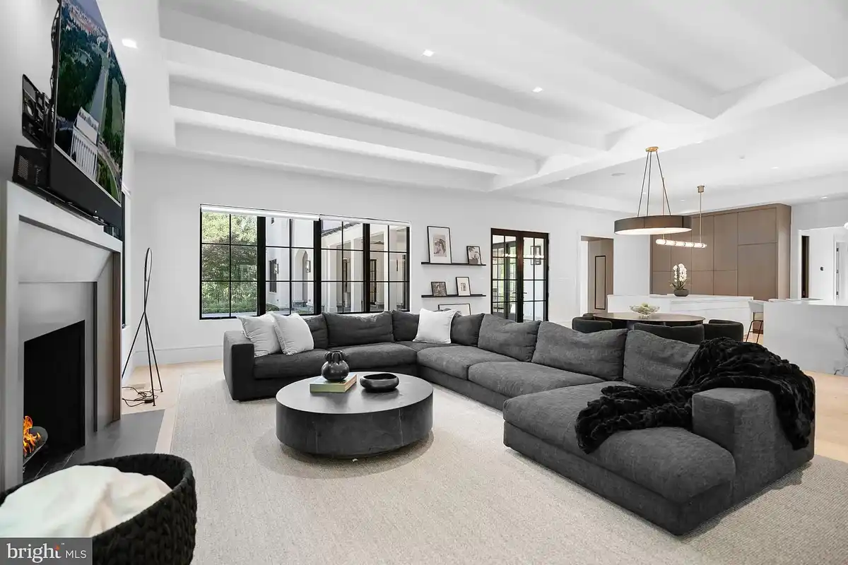 Family room with grey sectional couch