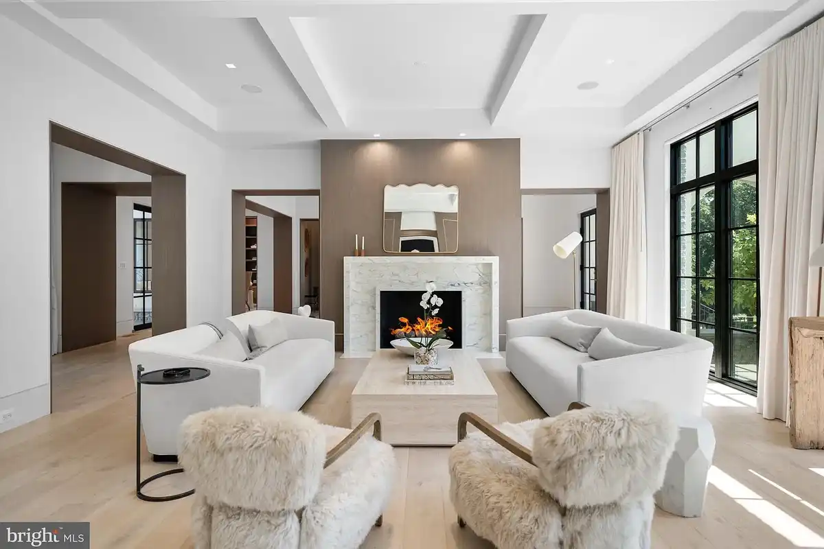living room with marble fireplace