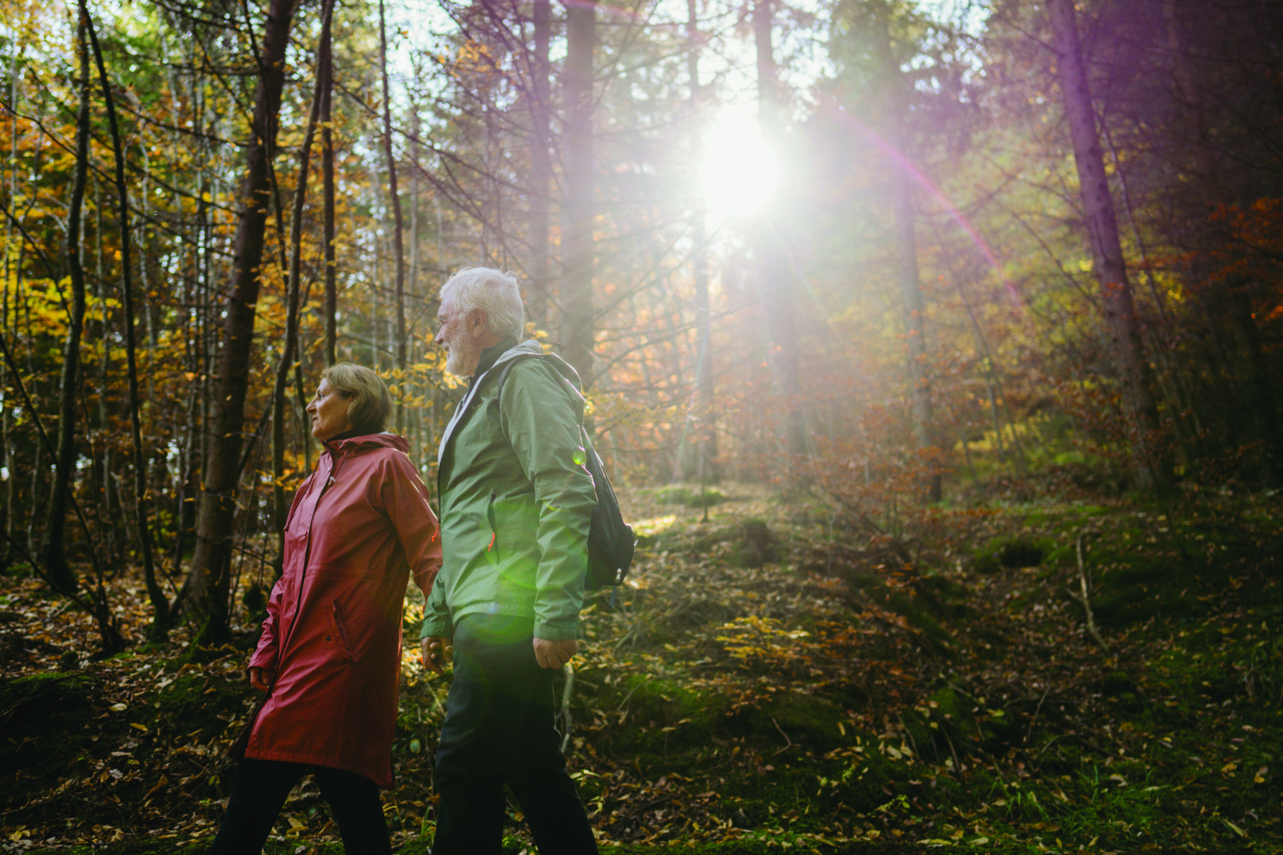 older couple walking through the woods