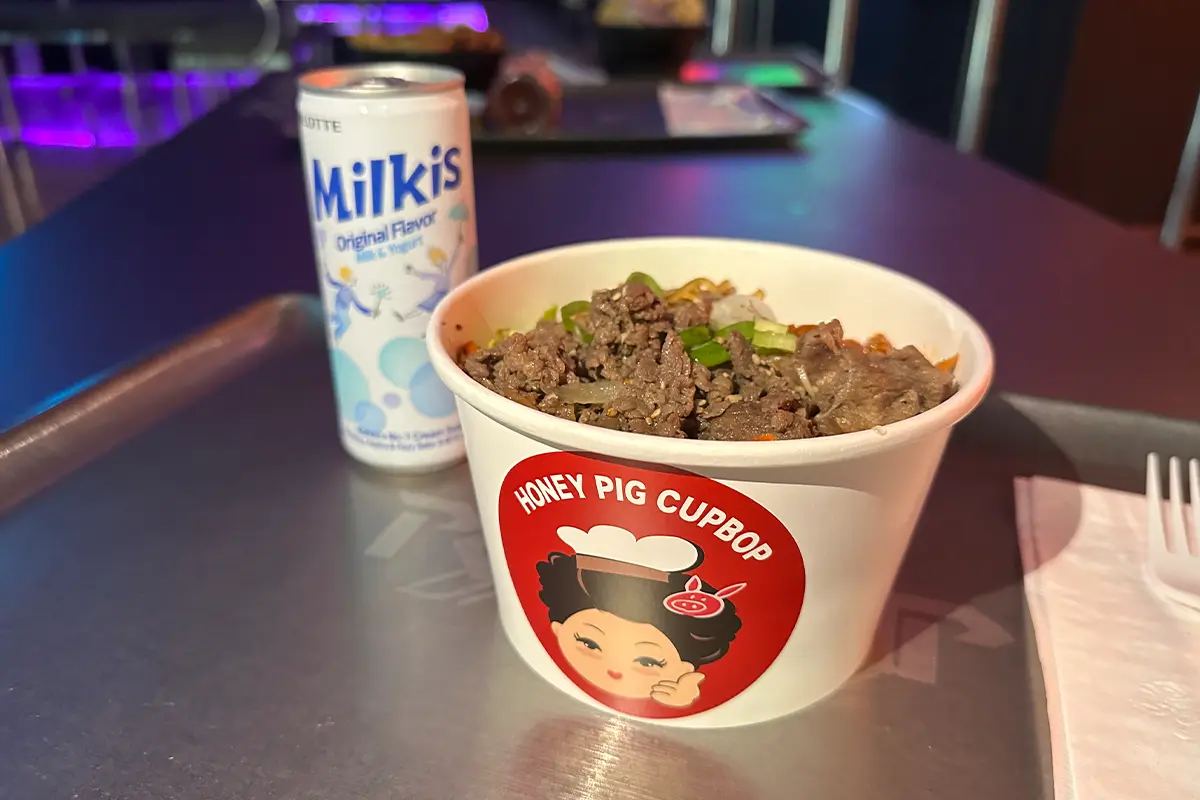 a cup of Korean barbecue from Honey Pig Cupbop