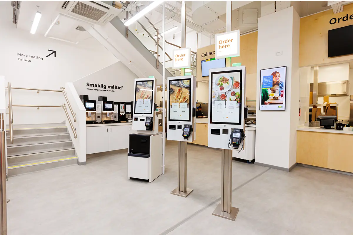 interior view of an IKEA restaurant kiosk ordering screens in the UK