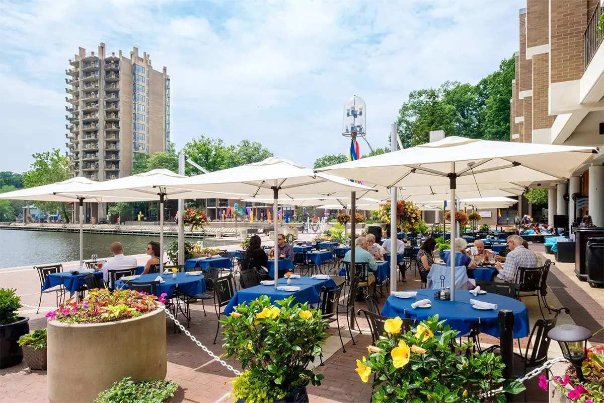 People dine outside at Kalypso's at Lake Anne in Reston