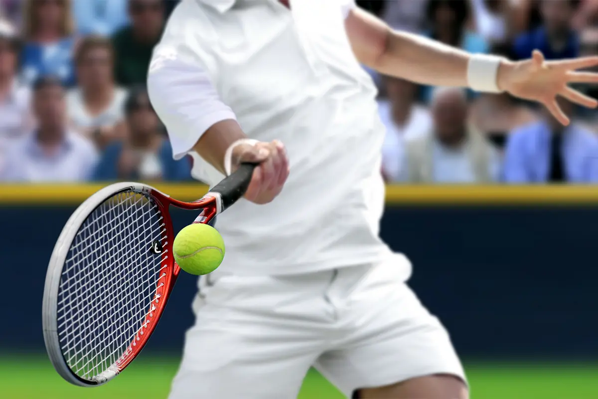 a man hits a tennis ball on a court with spectators behind him