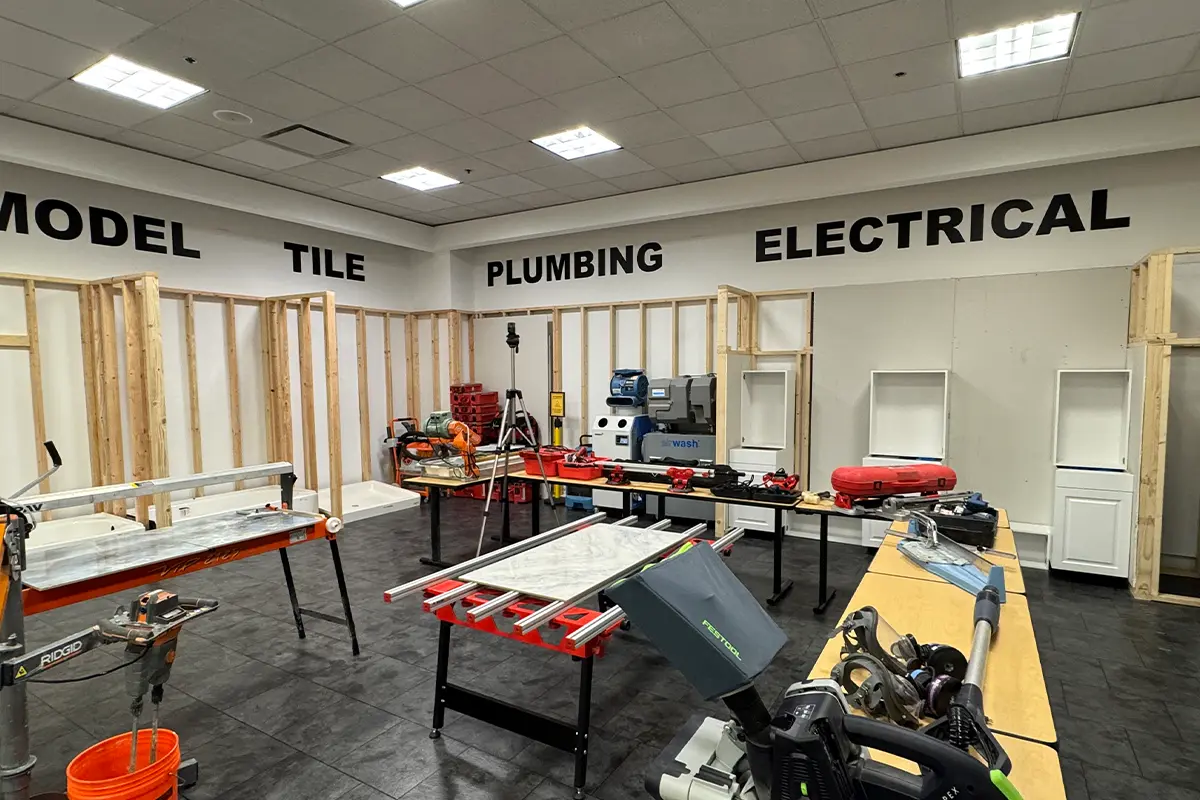 Tools and counters in a workshop room at TradeWorx in Fair Oaks Mall