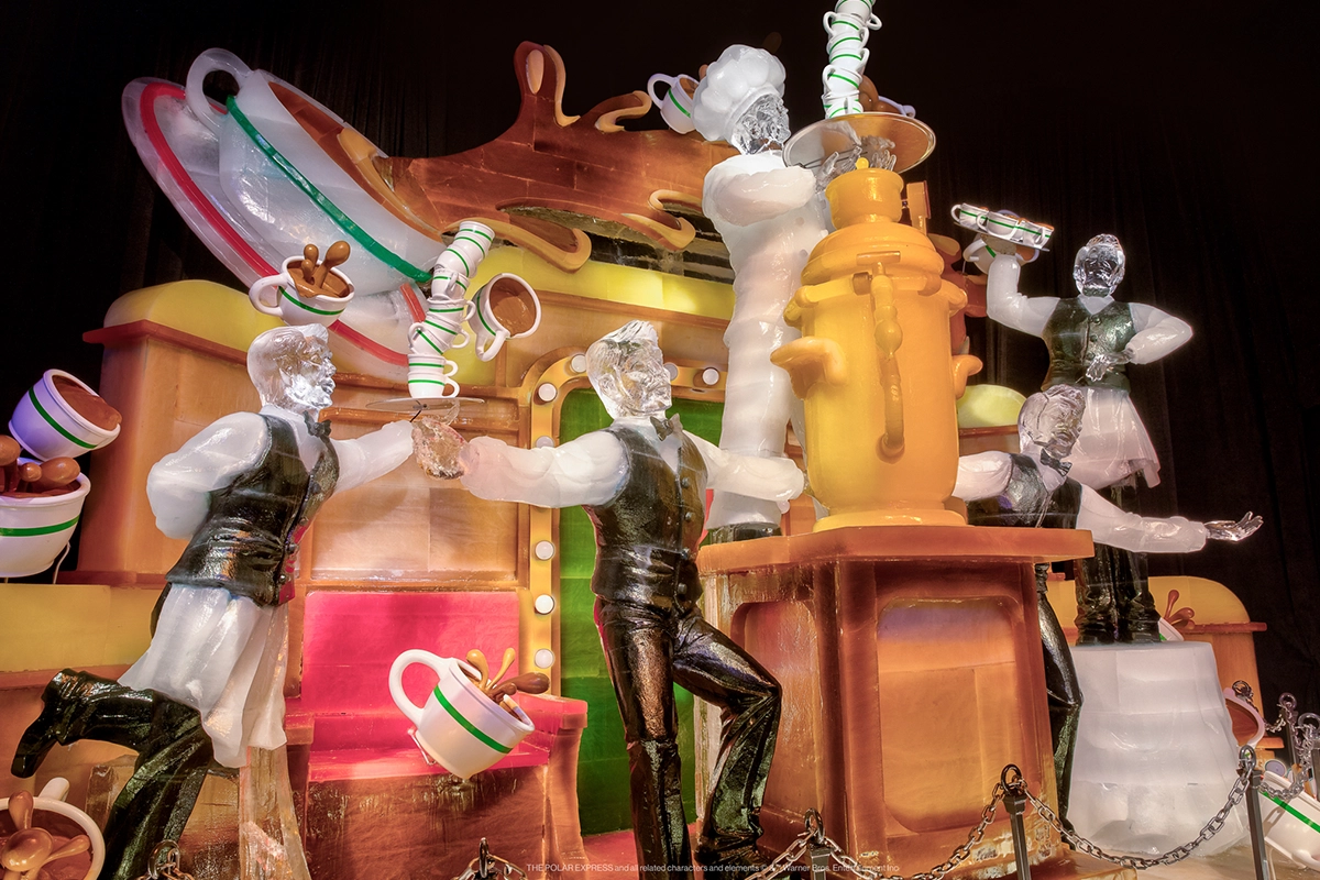 Polar Express ICE! hot chocolate cart scene.