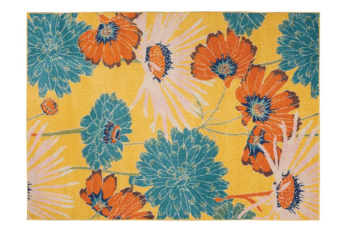 yellow, orange, and teal floral rug