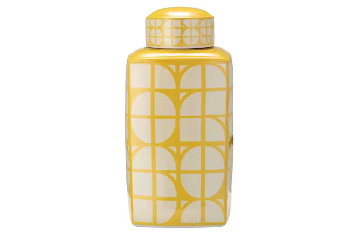 yellow and white patterned vase