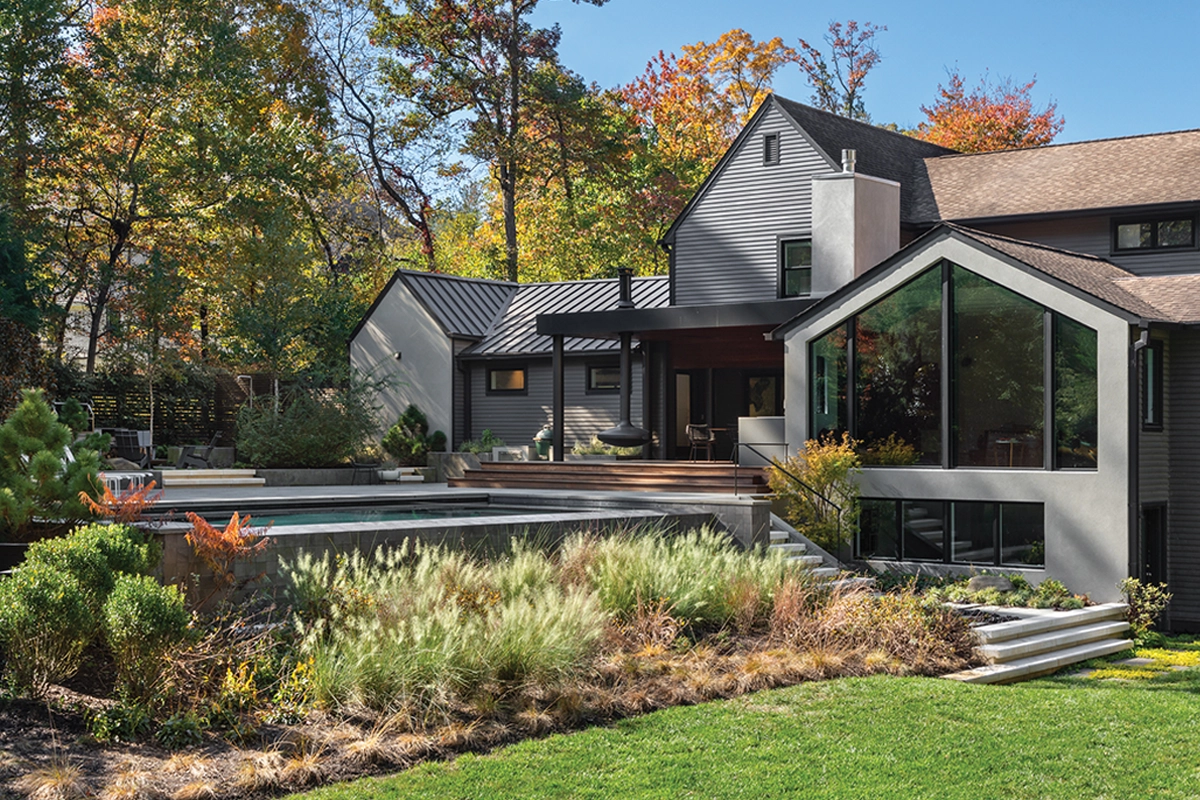 backyard of mid century modern house in McLean