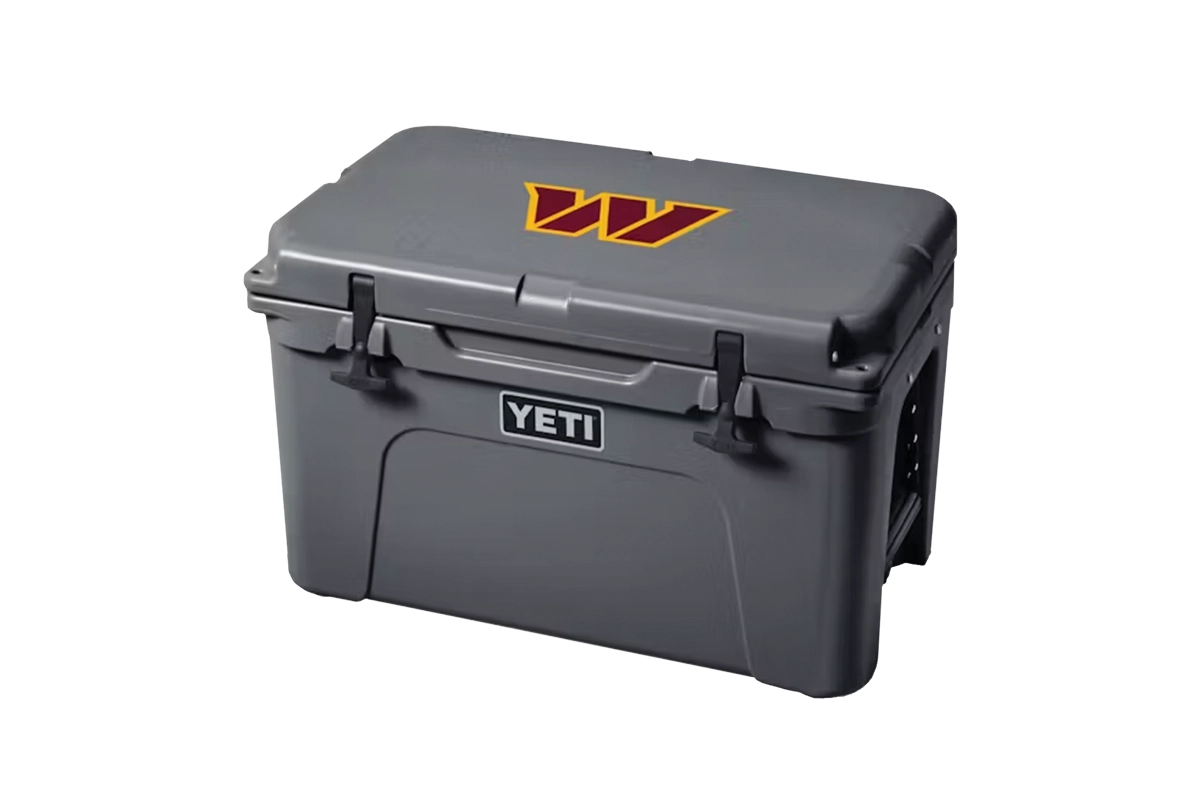 yeti grey cooler with washington commanders symbol on it