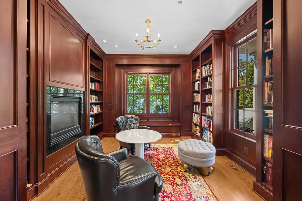 Wood-paneled library 