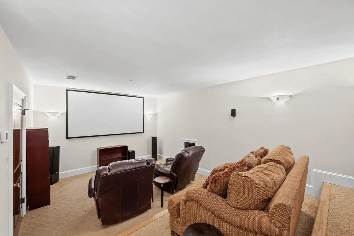 Home theater with seating and a projector screen