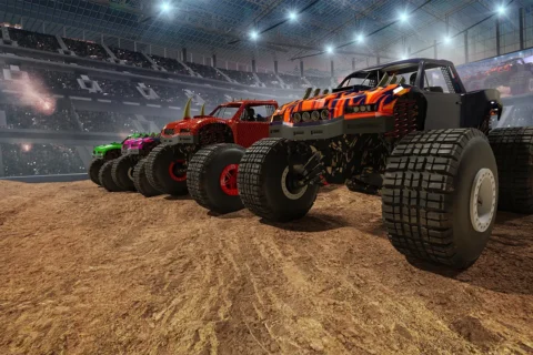 Monster trucks in a stadium