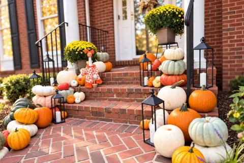 Font porch fall decorations with mums and pumpkins lining the staircase