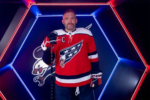 alex ovechking wearing screaming eagles capitals jersey