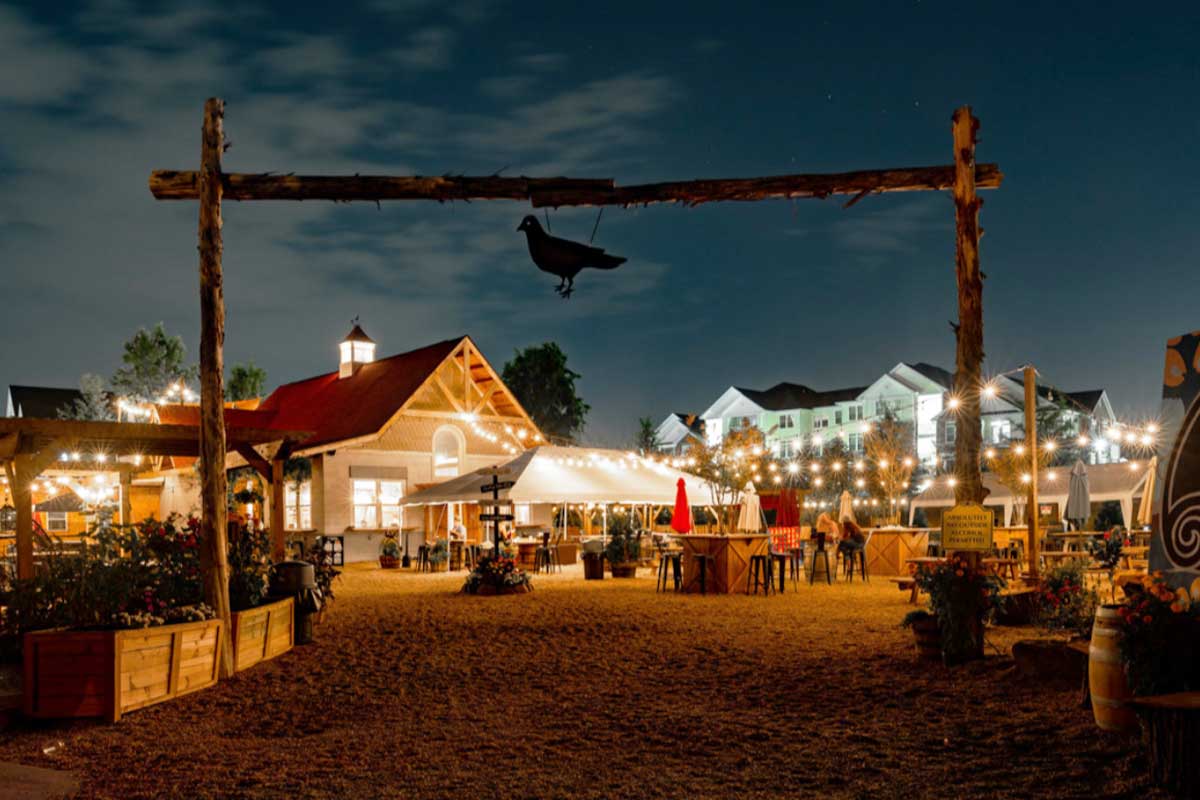 Eavesdrop brewery outdoor seating area at night