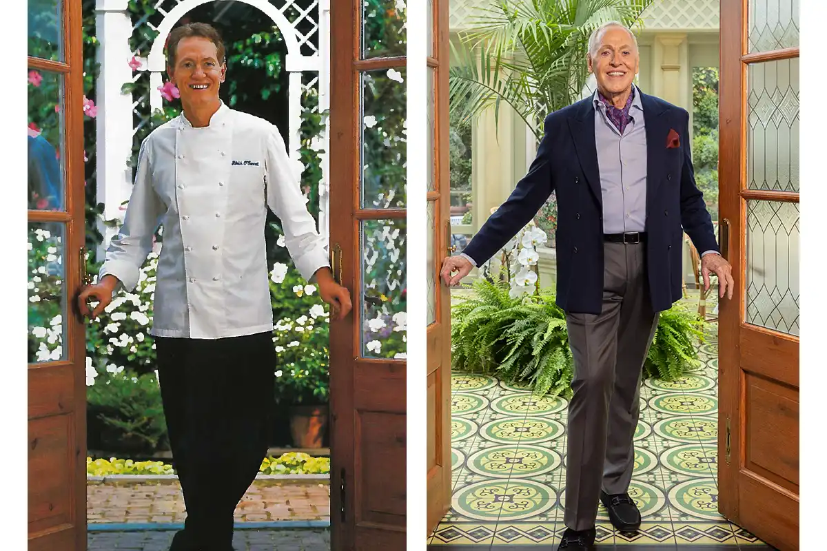O'Connell stands by the doors to the dining room in the 1980s and at the same set of doors in July 2025.