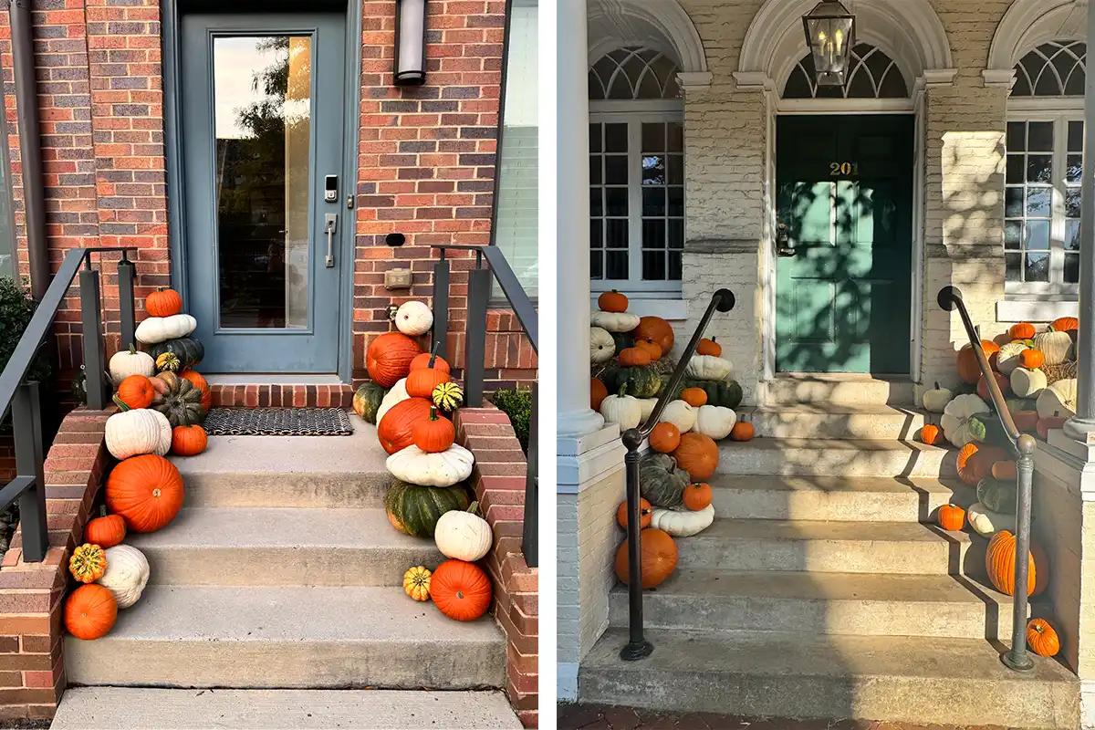 two porches decorated with pumpkins