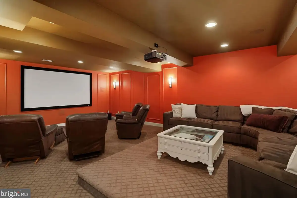 The media room with a projector and screen in the basement of 3014 Apple Brook Ln. 