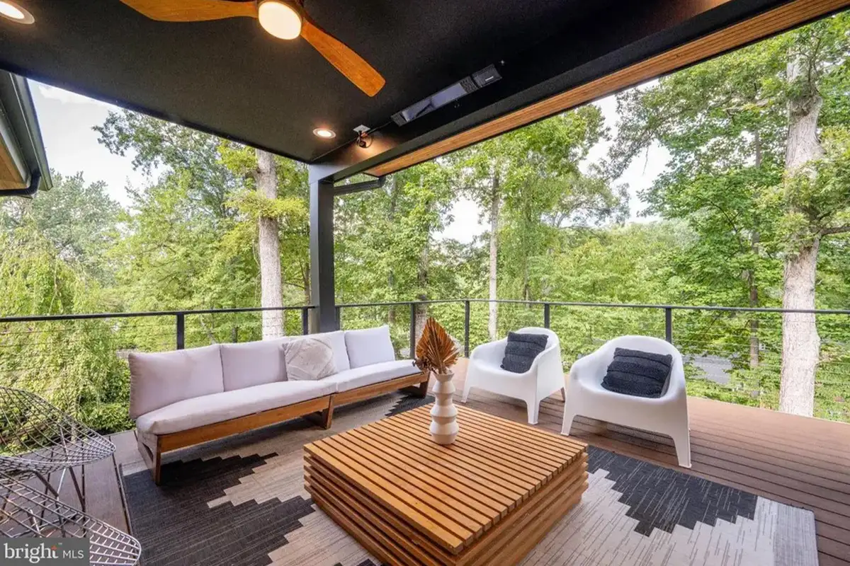 The covered deck with heaters and a fan. 